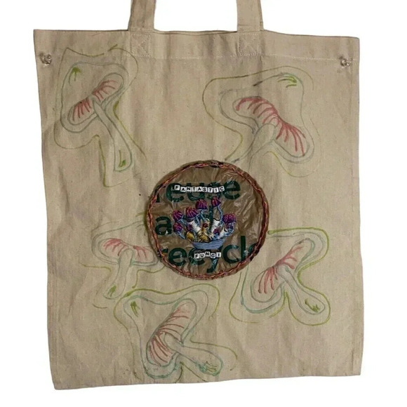 Handmade Embroidered Mushroom Market Tote Bag Fantastic Fungi Up cycle Mycelium - Picture 5 of 5